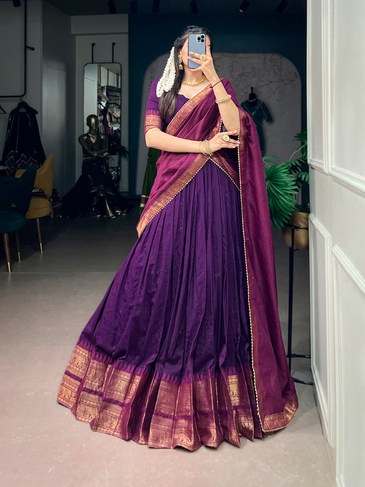 South Indian Style Poly Cotton Zari Woven Border Lehenga Choli Set with Gota Patti Dupatta