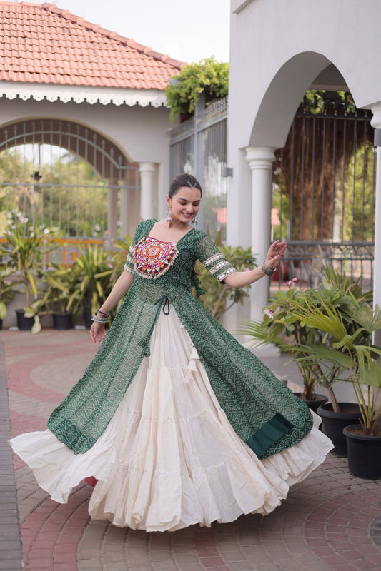 Kora Cotton 12-Meter Flared Frill Lehenga Set with Bandhani Print & Kutchi Patchwork Kurti