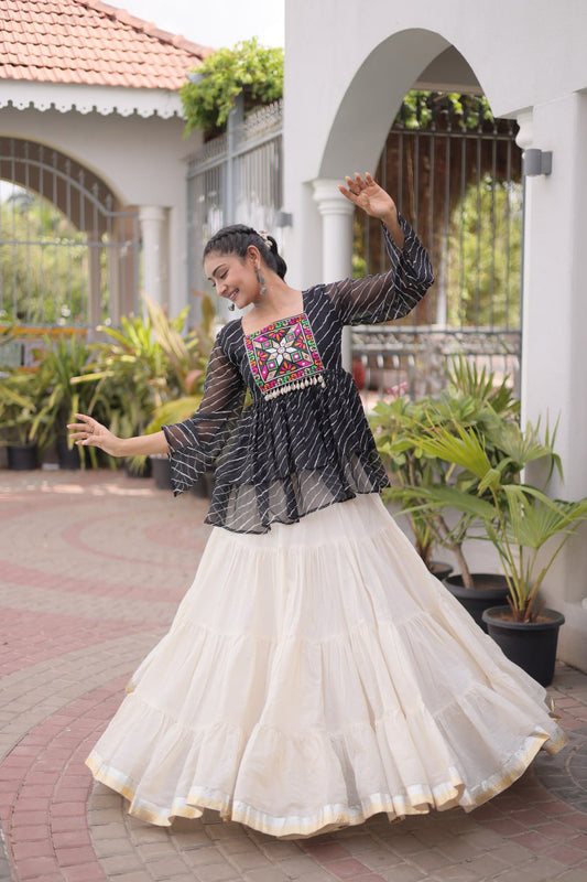 Kora Cotton 12-Meter Flared Frill Lehenga Set with Laheriya Print & Kutchi Gamthi Patchwork Top