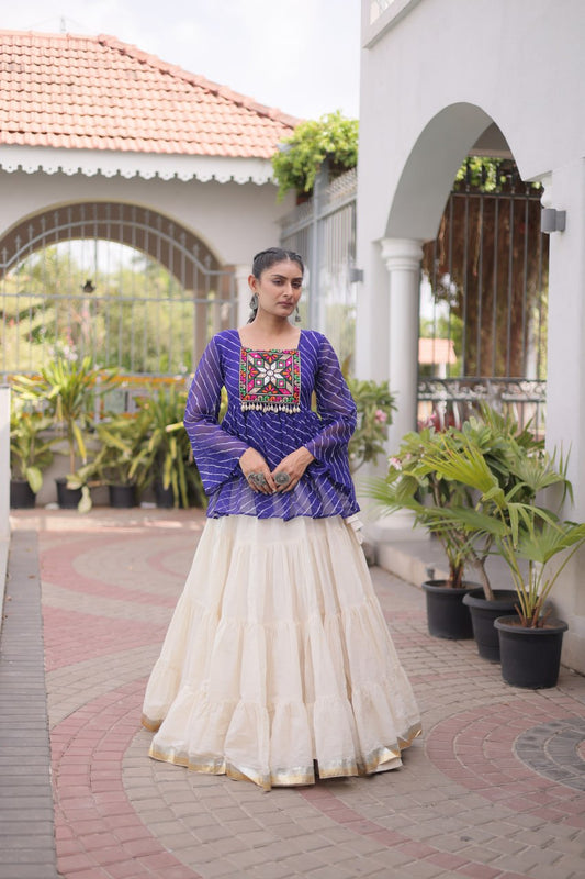 Kora Cotton 12-Meter Flared Frill Lehenga Set with Laheriya Print & Kutchi Gamthi Patchwork Top
