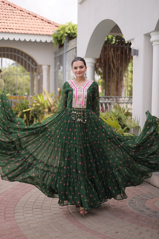 Faux Georgette Laheriya Print & Kutchi Patchwork Full-Sleeved 12-Meter Flared Gown