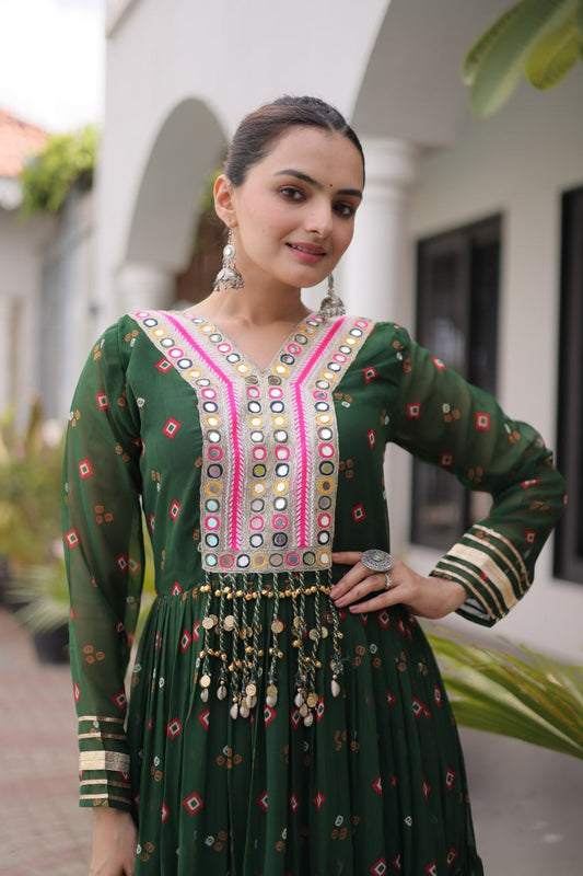 Faux Georgette Laheriya Print & Kutchi Patchwork Full-Sleeved 12-Meter Flared Gown
