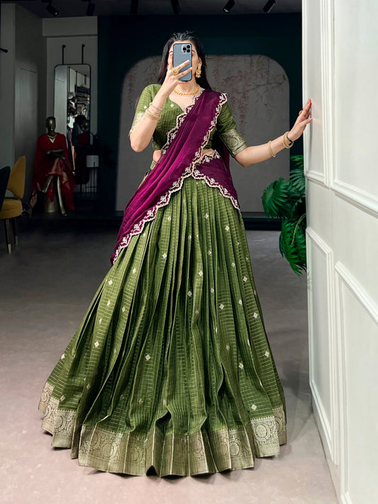Special Chinon Checks Zari Weaving Langa Davani Set with Sequins Embroidered Dupatta Border