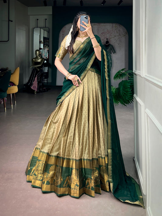 Poly Cotton Zari Weaving Flared Lehenga Choli Set with Georgette Dupatta