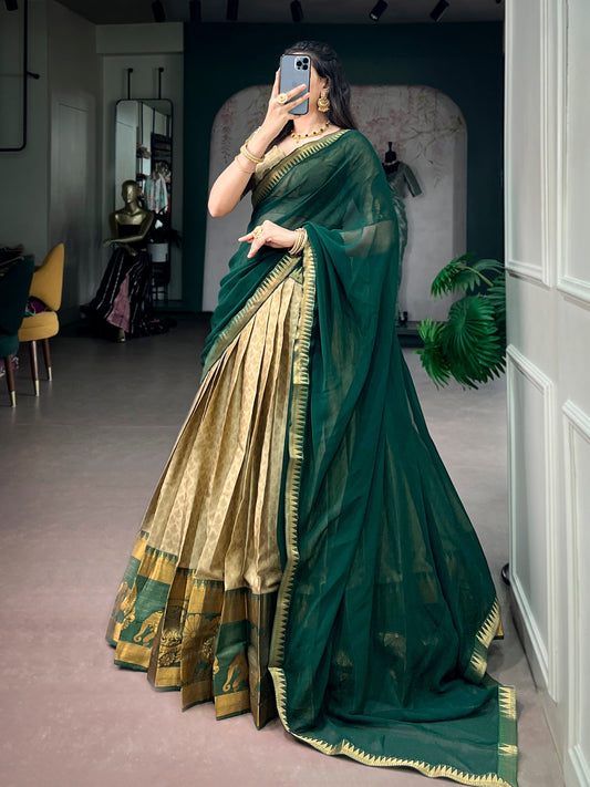 Poly Cotton Zari Weaving Flared Lehenga Choli Set with Georgette Dupatta