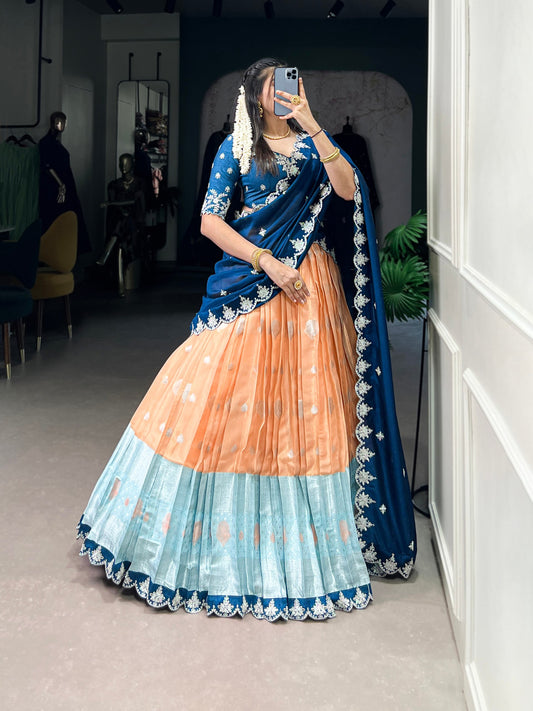 Zari Kota Weaving Lehenga with Sequins & Thread Embroidery Scallop Border, Banglory Blouse & Vichitra Silk Dupatta
