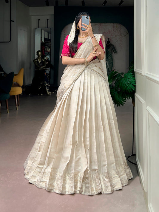 Onakkodi Special Poly Kanjivaram Zari Weaving Half Saree Set with Pearl & Bead Work Blouse