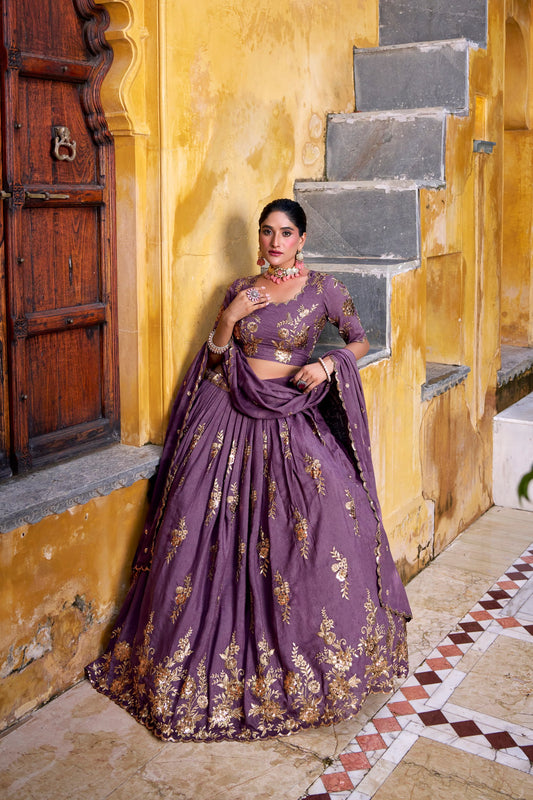 Chocolate Crush Golden Sequins & Thread Embroidered Lehenga Choli Set with Cancan & 3.50-Meter Flair