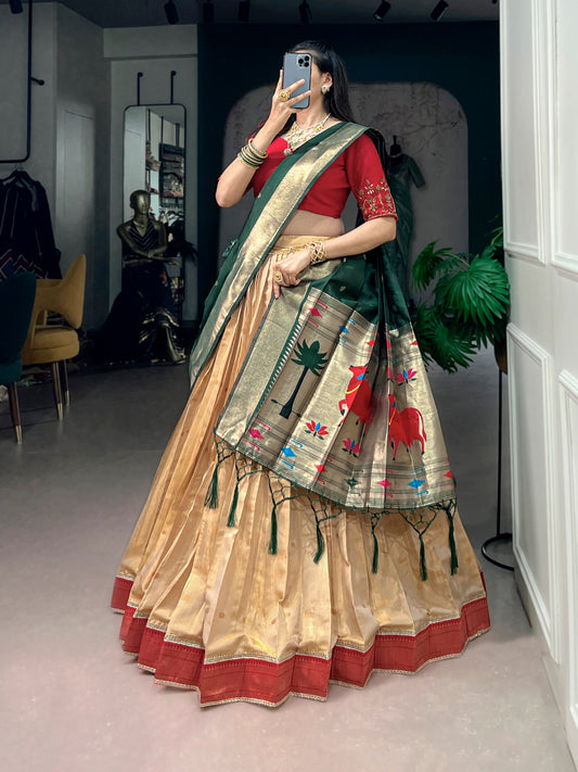 Paithani Special Kanchipuram Silk Zari Weaving Lehenga Set with Beadwork Blouse & Jacquard Tasseled Dupatta