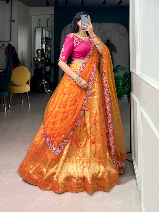 Jacquard Silk Woven Zari Lehenga Set with Embroidered Poly Silk Blouse & Net Sequins Dupatta