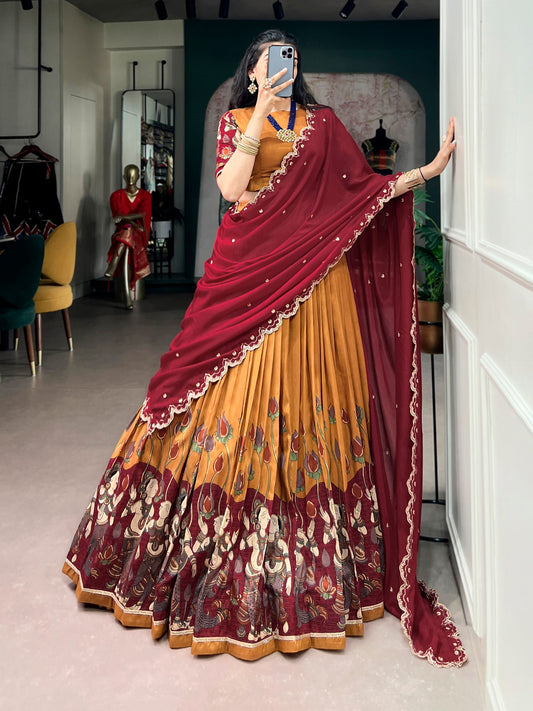 Tussar Silk Kalamkari Print Lehenga Choli Set with Zari Lace & Chinon Sequins Embroidered Dupatta