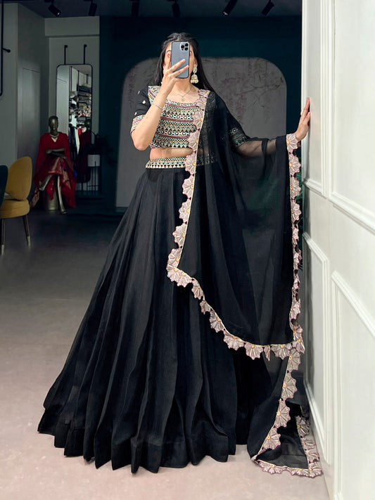 Aurum Georgette Thread & Sequins Embroidered Lehenga Set with Cancan & Floral Scallop Dupatta