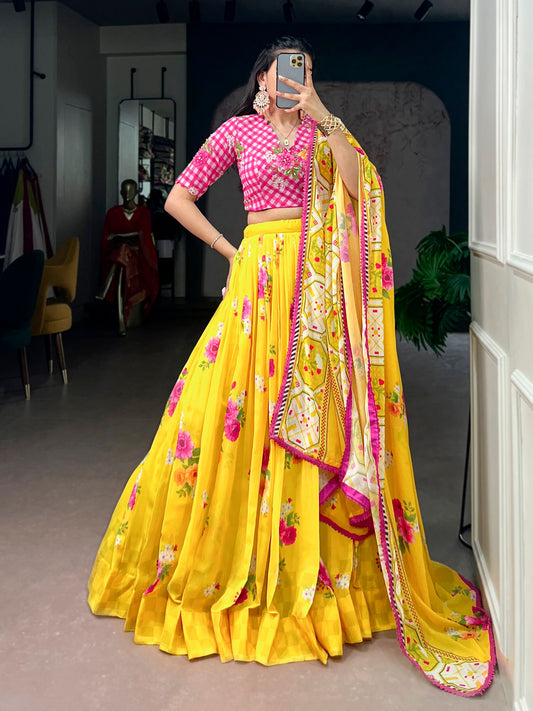 Floral Georgette Printed 4-Meter Flared Lehenga Set with Handwork Blouse & Lace Dupatta