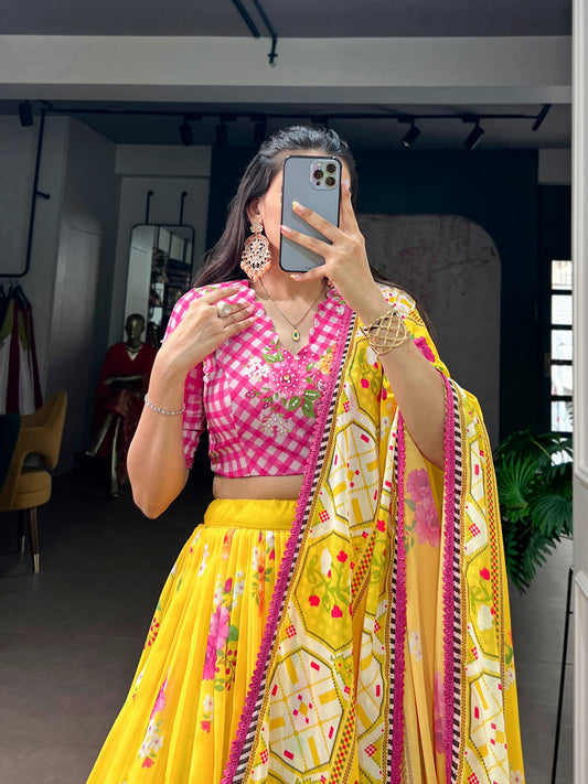 Floral Georgette Printed 4-Meter Flared Lehenga Set with Handwork Blouse & Lace Dupatta