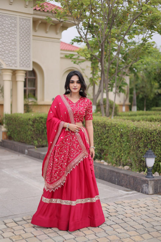 Glory Satin Embroidery Zari Sequins Work Flared Lehenga Choli Set with Designer Lace Border Dupatta