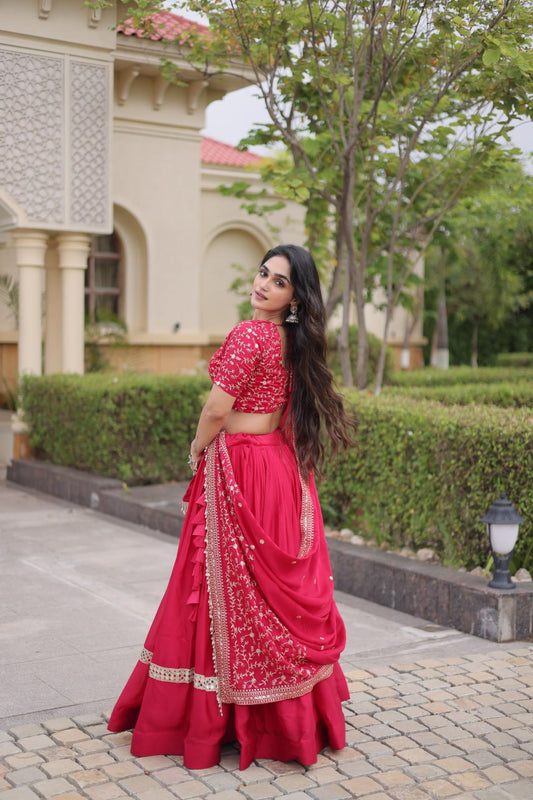 Glory Satin Embroidery Zari Sequins Work Flared Lehenga Choli Set with Designer Lace Border Dupatta