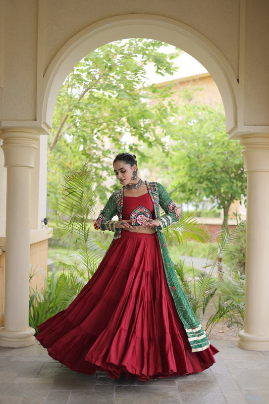 Rayon Kutchi Patchwork 12-Meter Flared Lehenga Set with Bandhani Printed Long Georgette Shrug & Blouse