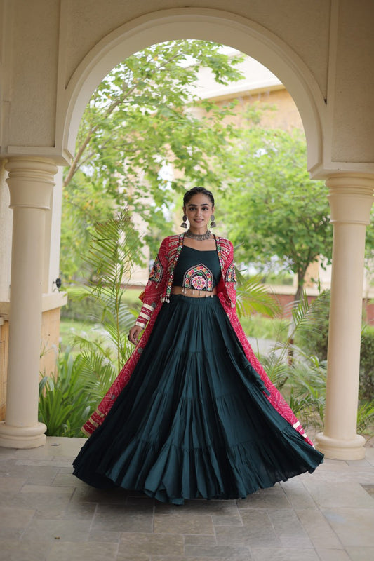 Rayon Kutchi Patchwork 12-Meter Flared Lehenga Set with Bandhani Printed Long Georgette Shrug & Blouse