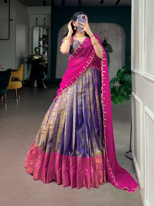 Kanjivaram Silk Rich Zari Woven Flared Lehenga Set with Sequins Embroidered Georgette Dupatta & Unstitched Blouse