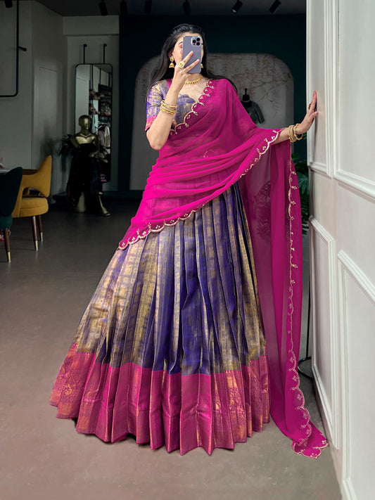 Kanjivaram Silk Rich Zari Woven Flared Lehenga Set with Sequins Embroidered Georgette Dupatta & Unstitched Blouse