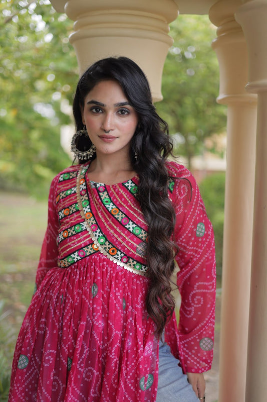 Faux Georgette Bandhani Printed Long Kurti with Kutchi Patchwork & Fancy Round Neck
