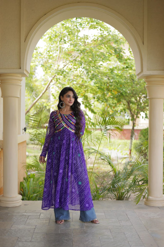 Faux Georgette Bandhani Printed Long Kurti with Kutchi Patchwork & Fancy Round Neck