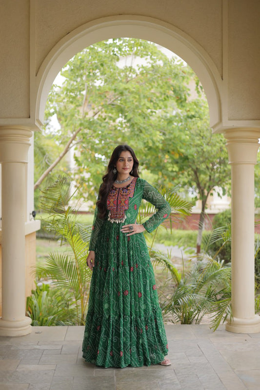 Faux Georgette Bandhani Printed 12-Meter Flared Long Gown with Kutchi Patchwork & Full Sleeves