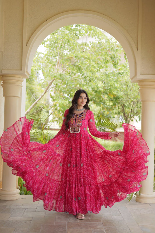 Faux Georgette Bandhani Printed 12-Meter Flared Long Gown with Kutchi Patchwork & Full Sleeves