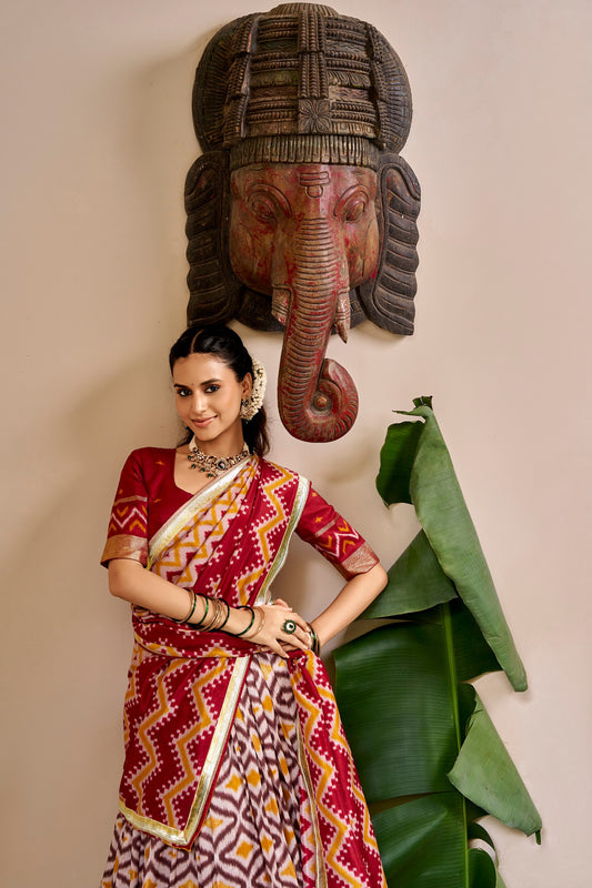 Tussar Silk Ikat & Foil Printed 3.80-Meter Flared Lehenga Set with Embossed Lace Dupatta & Unstitched Blouse