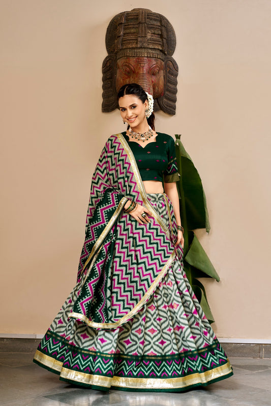 Tussar Silk Ikat & Foil Printed 3.80-Meter Flared Lehenga Set with Embossed Lace Dupatta & Unstitched Blouse