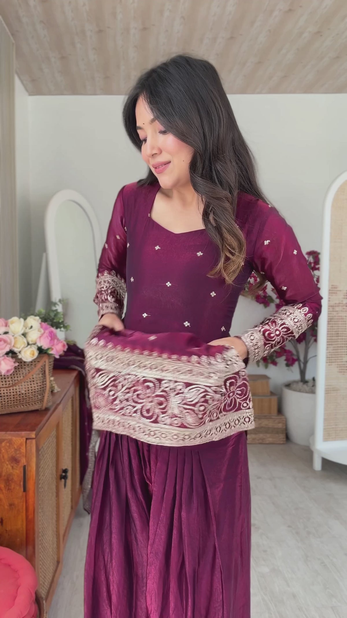 FENDY SILK FABRIC WITH EMBROIDERY SEQUENCE AND JARI WORK TOP,DUPATTA SET WITH FARSHI SHALWAR