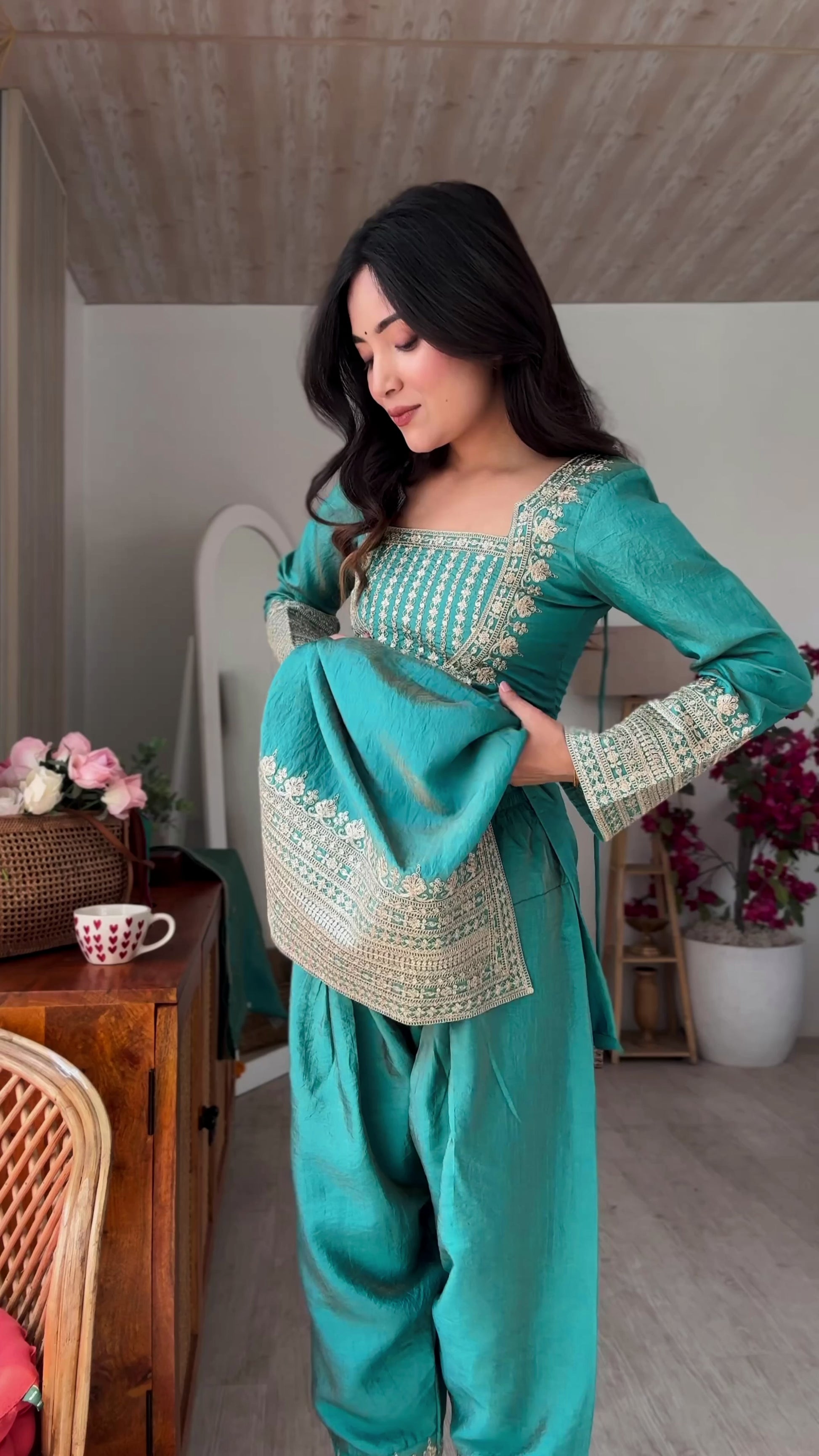 NC VICHITRA SILK FABRIC WITH EMBROIDERY SEQUENCE,DORI AND JARI WORK TOP,DUPPTA SET WITH FARSHI SHALWAR