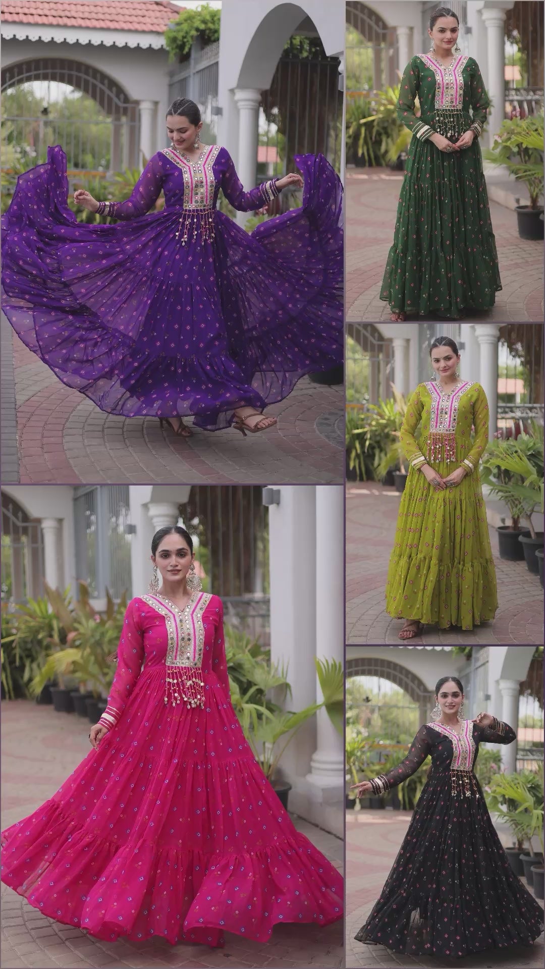 Faux Georgette Laheriya Print & Kutchi Patchwork Full-Sleeved 12-Meter Flared Gown