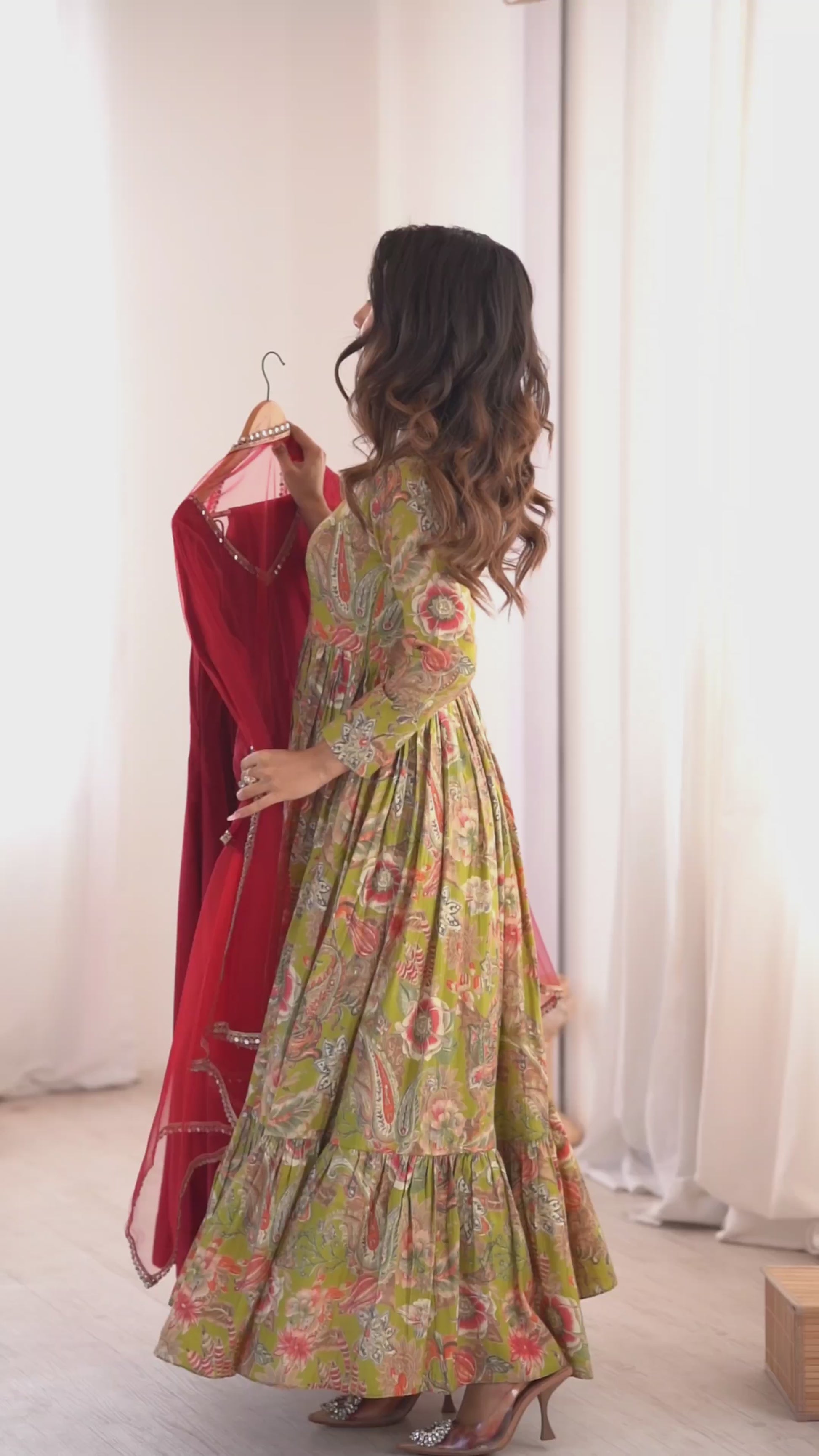 Pure Roman Silk Chanderi 4+ Meter Flared Anarkali Set with Fancy Mirror Lace Net Dupatta & Pant