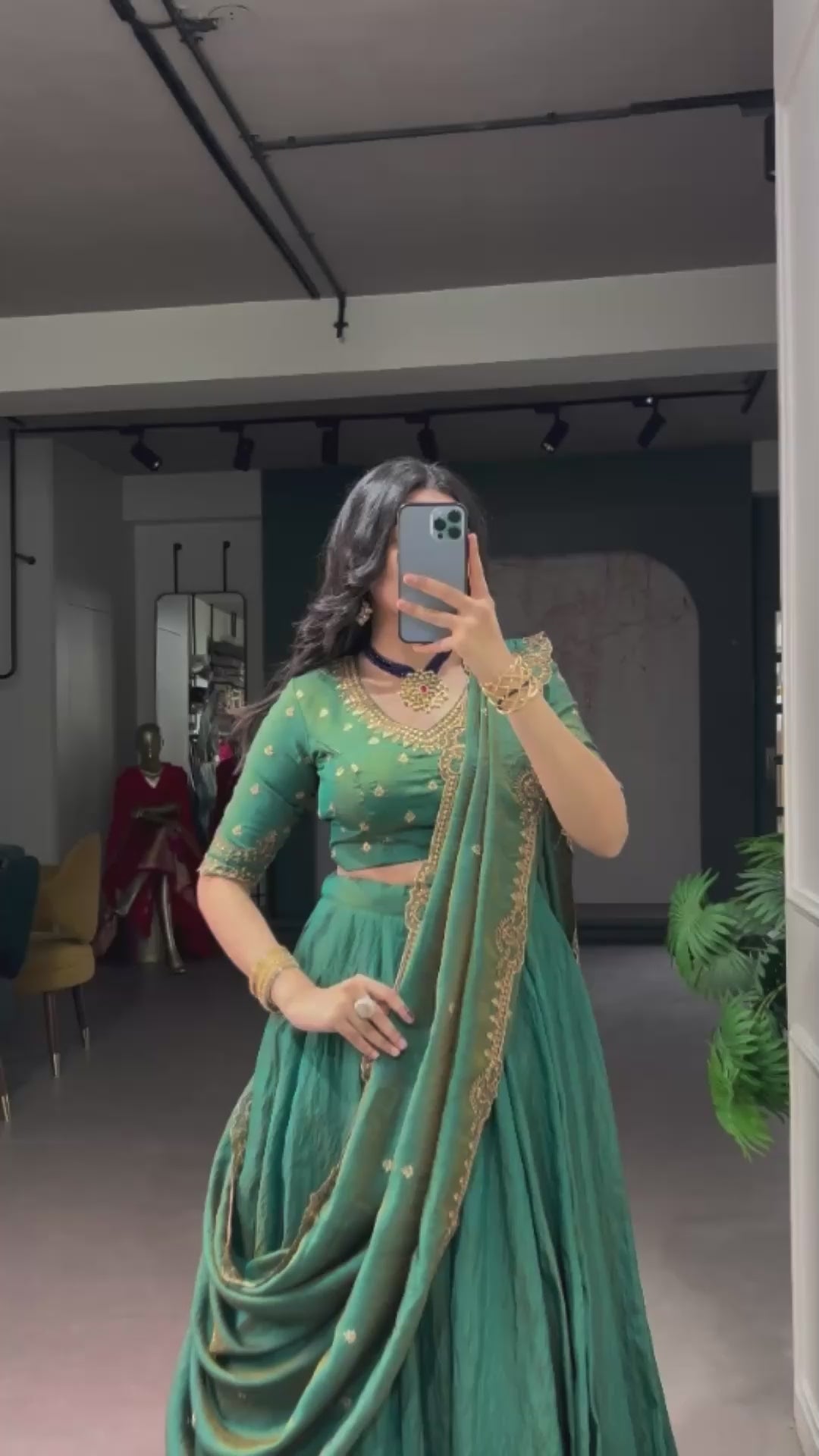 Emerald Silk Plain Flared Lehenga Set with Sequins Embroidered Blouse & Dupatta