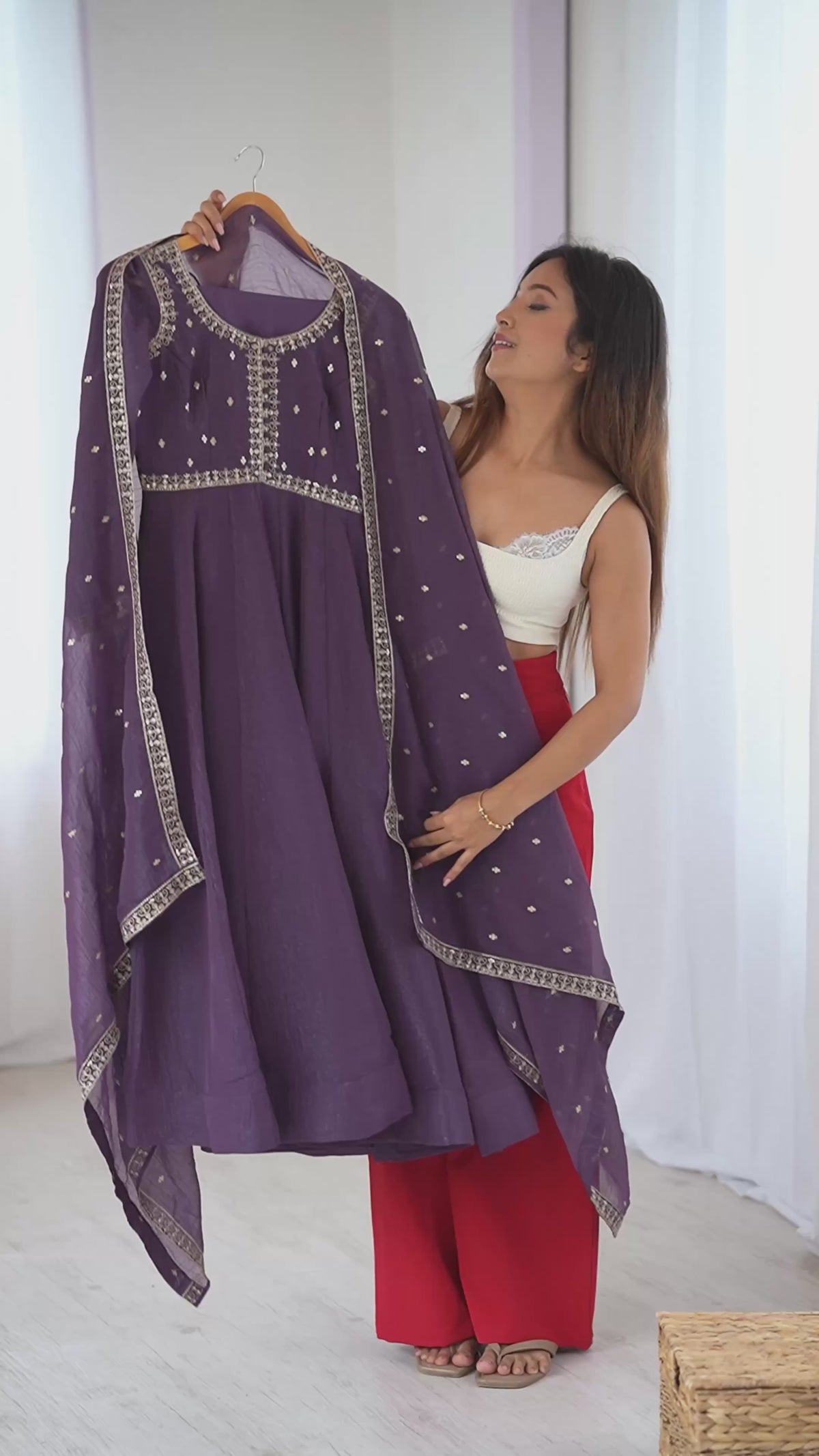 Pure Crunchy Silk 4-Meter Flared Anarkali Set with Potli Button Yoke, Dori Sequins Embroidery, Pant & Dupatta