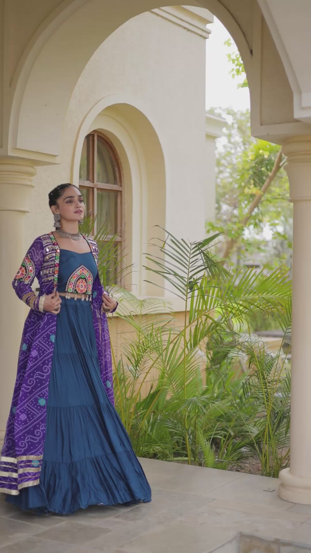 Rayon Kutchi Patchwork 12-Meter Flared Lehenga Set with Bandhani Printed Long Georgette Shrug & Blouse