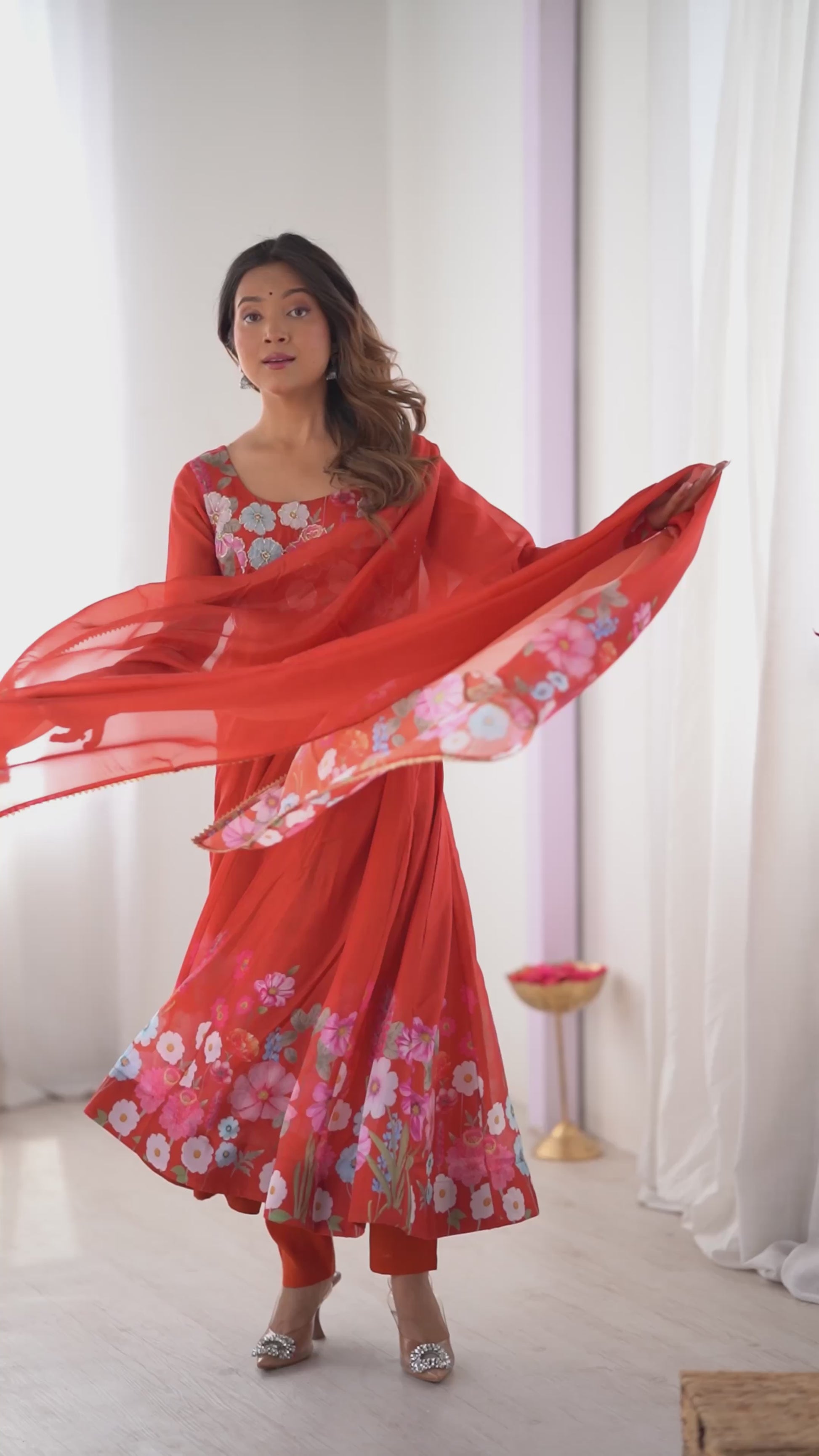 Digitally Printed & Embroidered Yoke Pure Soft Organza Anarkali Suit With Huge Flair Comes With Dupatta