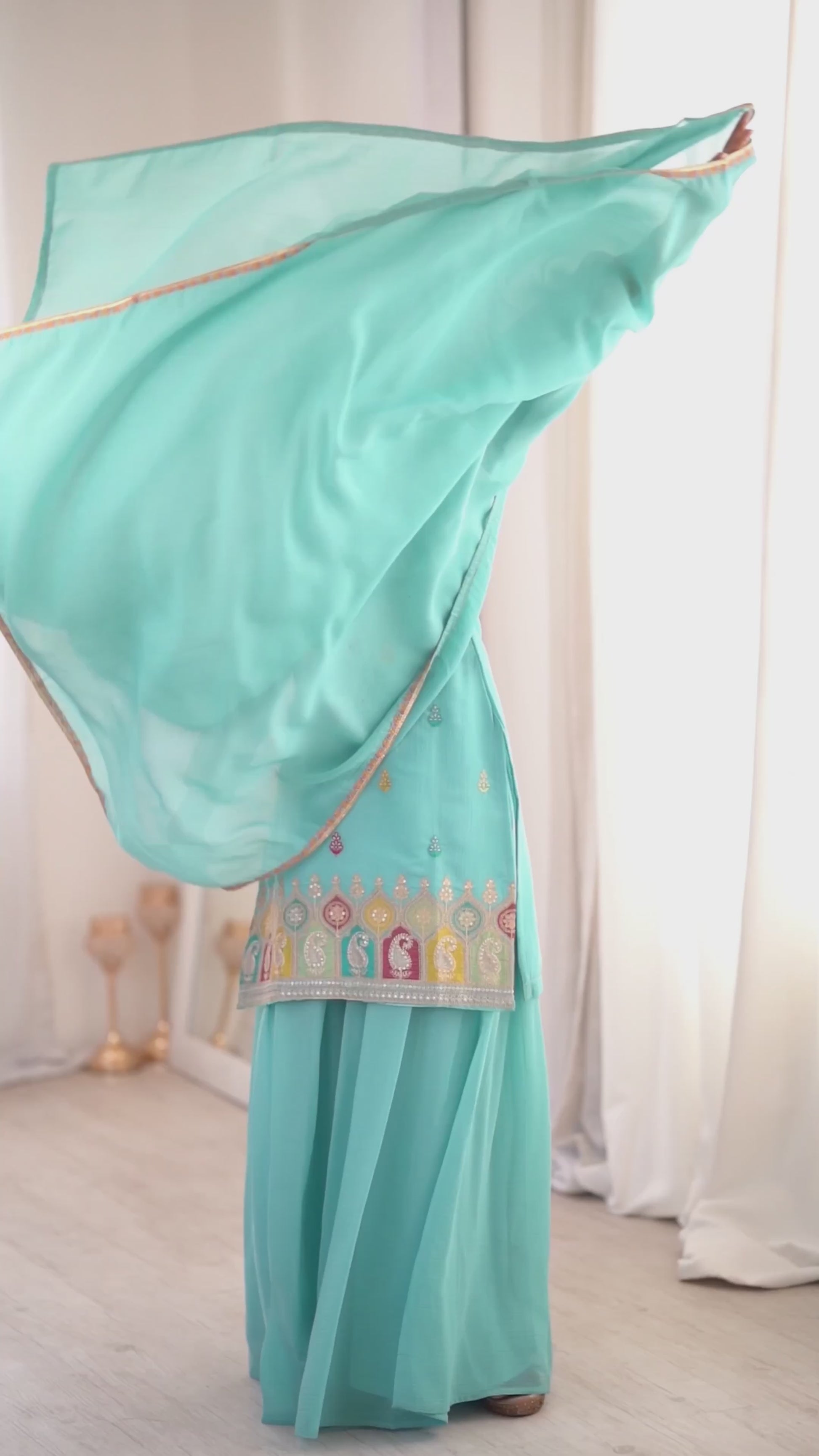 Pure Soft Crunchy Silk Sequins, Dori & Zari Embroidered Top with Flared Sharara & Multi-Colour Lace Dupatta Set