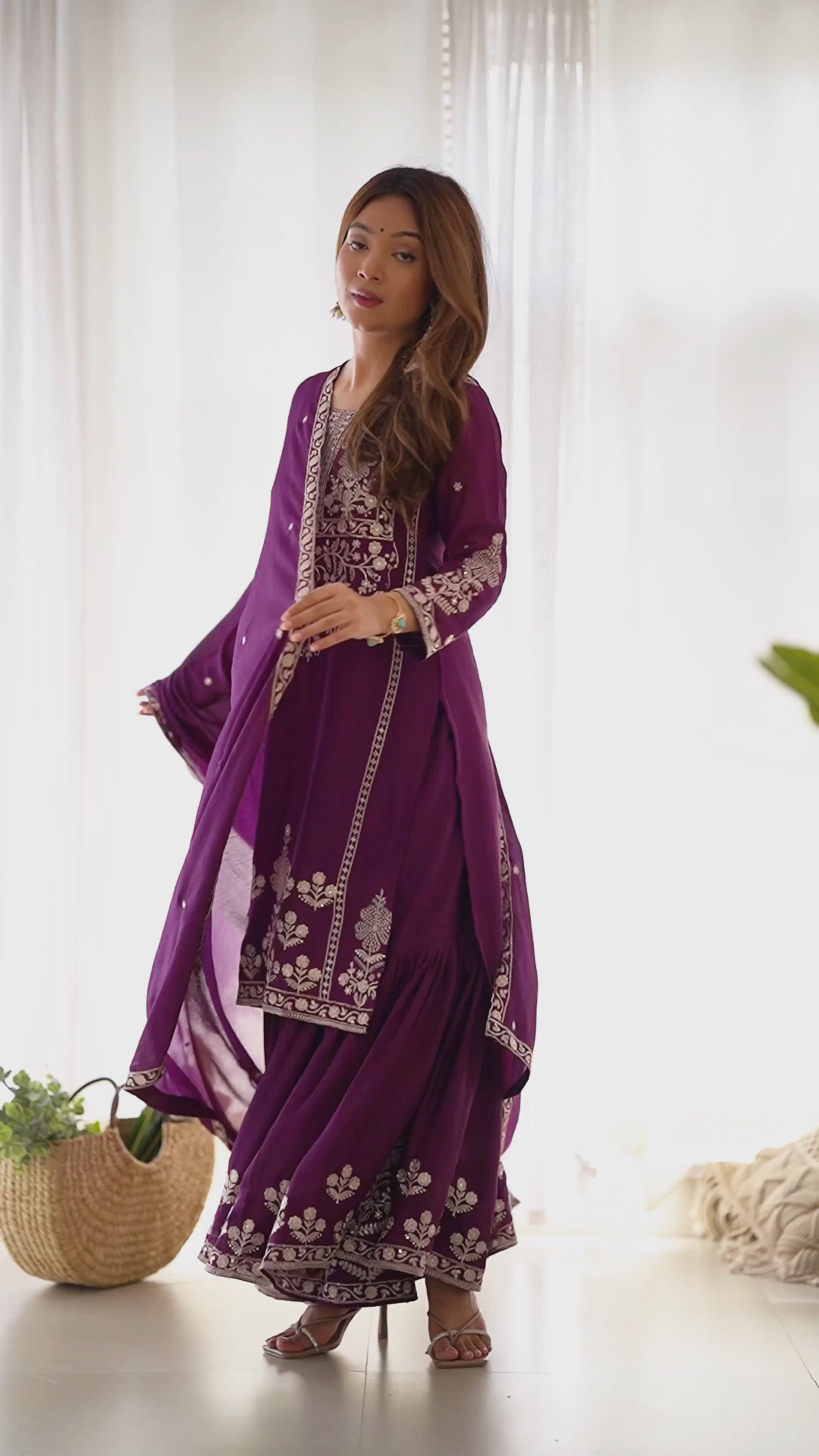 Pure Chinnon Silk Sequins & Zari Embroidered Kediya Kurta with Flared Sharara & Dupatta Set