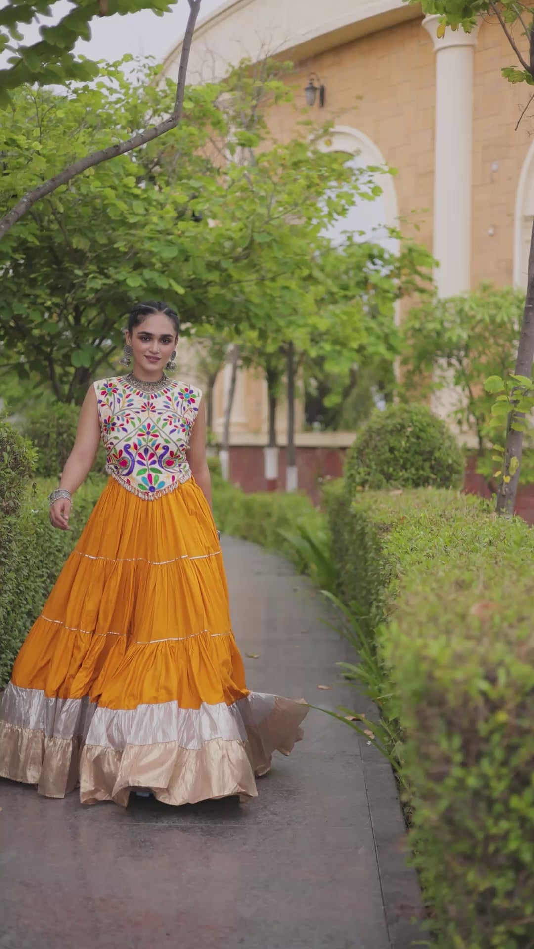 Ethnic Kutchi Embroidered V-Neck Blouse with Extra-Flared Rayon & Lampi Lace Lehenga Set