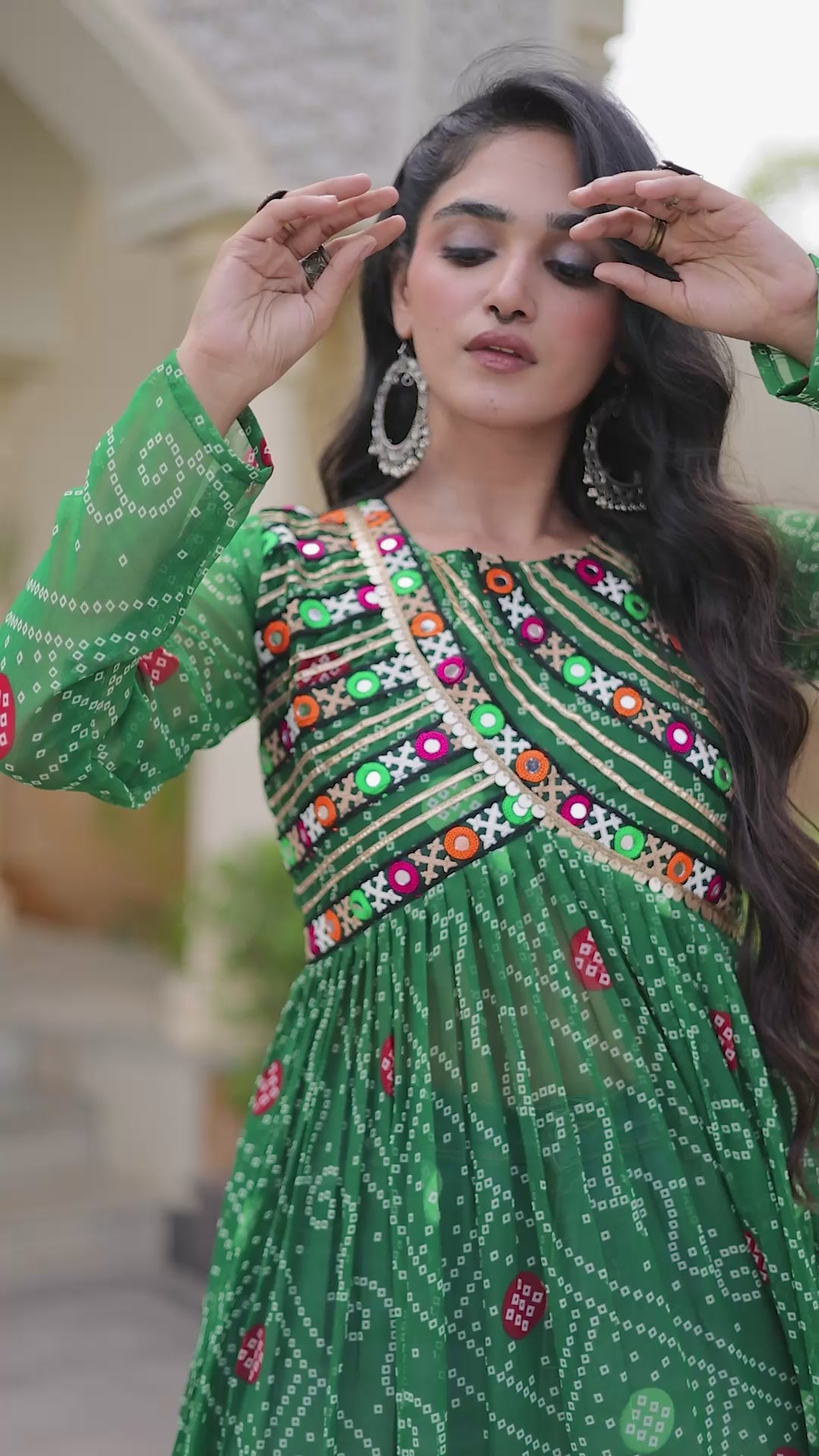 Faux Georgette Bandhani Printed Long Kurti with Kutchi Patchwork & Fancy Round Neck