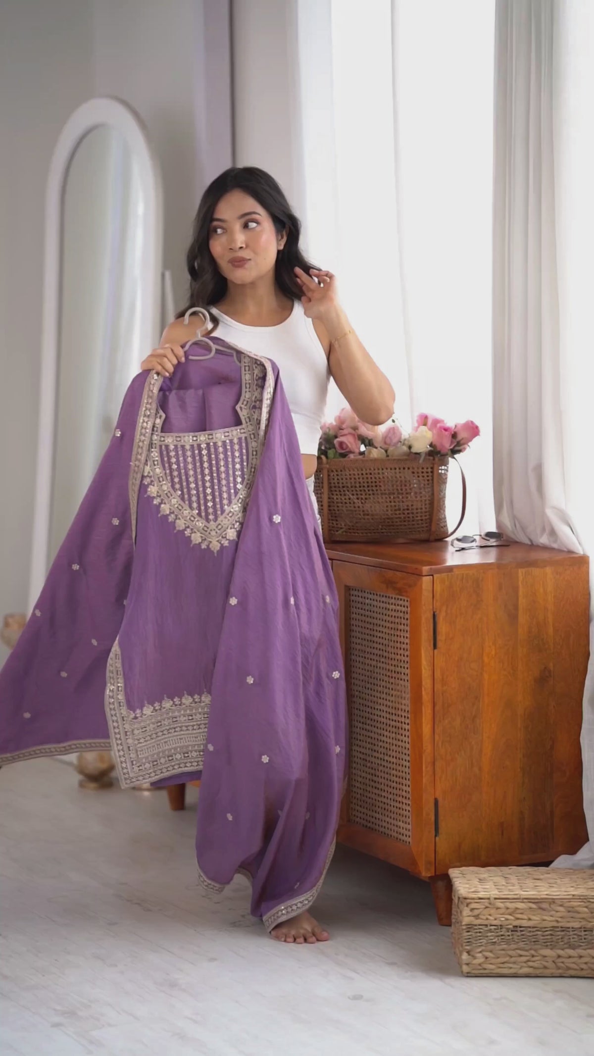 NC VICHITRA SILK FABRIC WITH EMBROIDERY SEQUENCE,DORI AND JARI WORK TOP,DUPPTA SET WITH FARSHI SHALWAR