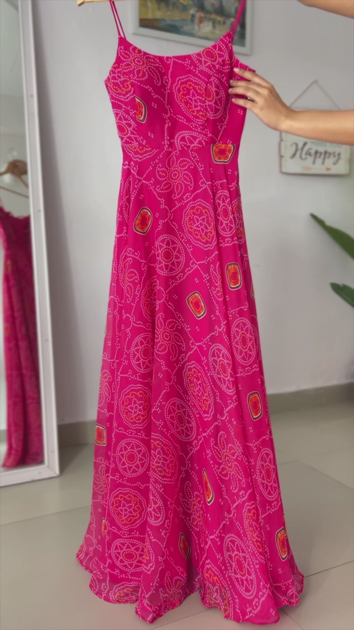 Pure Soft Lightweight Chiffon Bandhej 8-Meter Flared Anarkali Gown Set with Backless Dori Design, Dupatta & Pant