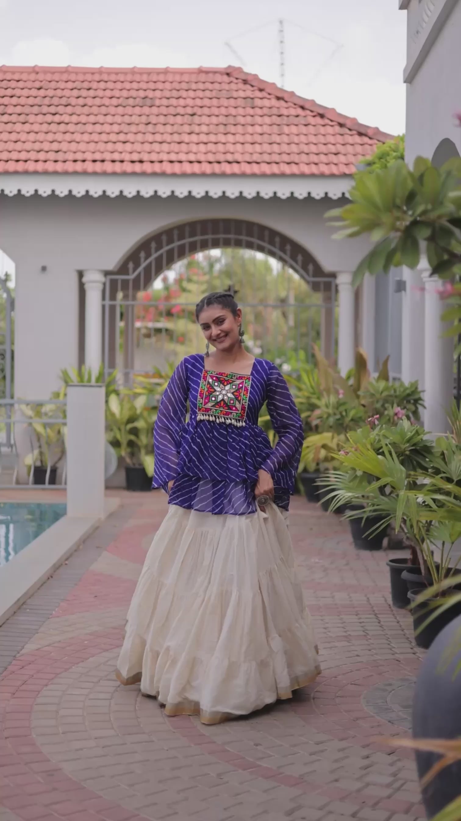 Kora Cotton 12-Meter Flared Frill Lehenga Set with Laheriya Print & Kutchi Gamthi Patchwork Top