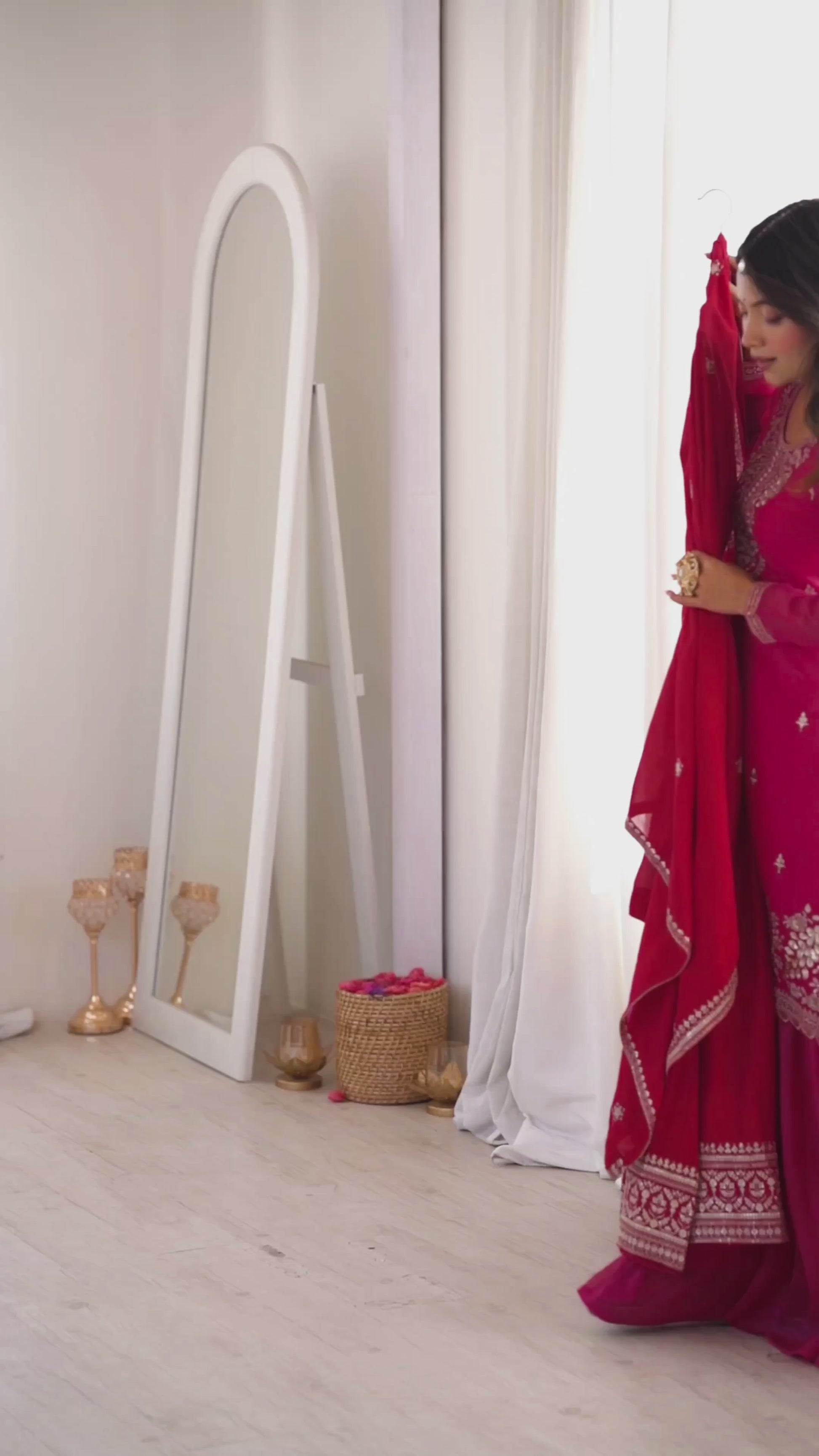 Red Pure Vichitra Silk Flared Anarkali Gown Set With Dupatta