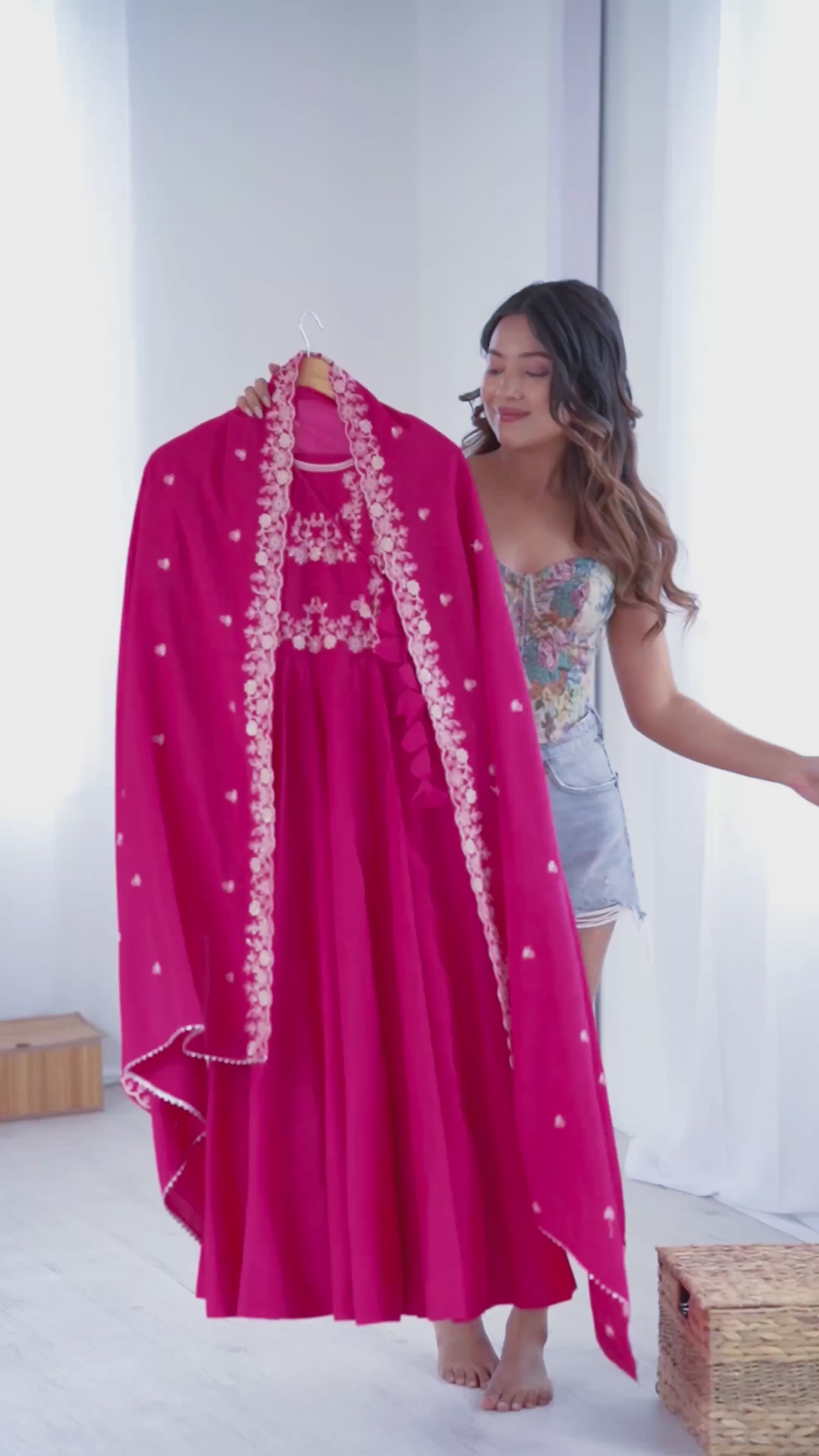 Pure Roman Chanderi Silk 16-Kali 4-Meter Flared Anarkali Set with Handwork Beads Yoke, Pant & Embroidered Dupatta