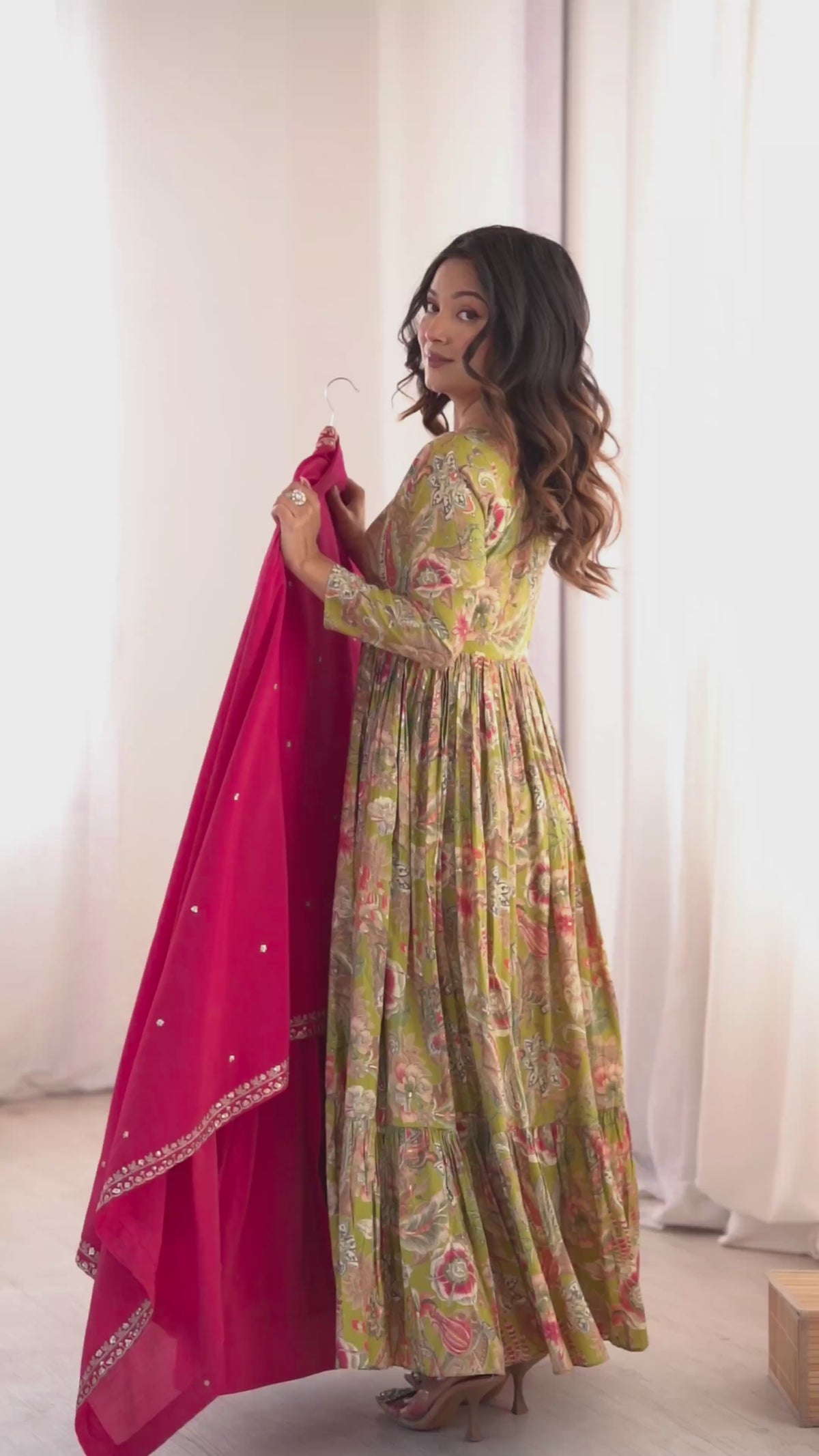 Pure Roman Shimmer Silk 4-Meter Flared Anarkali Set with Dori Sequins Yoke, Pant & Embroidered Dupatta