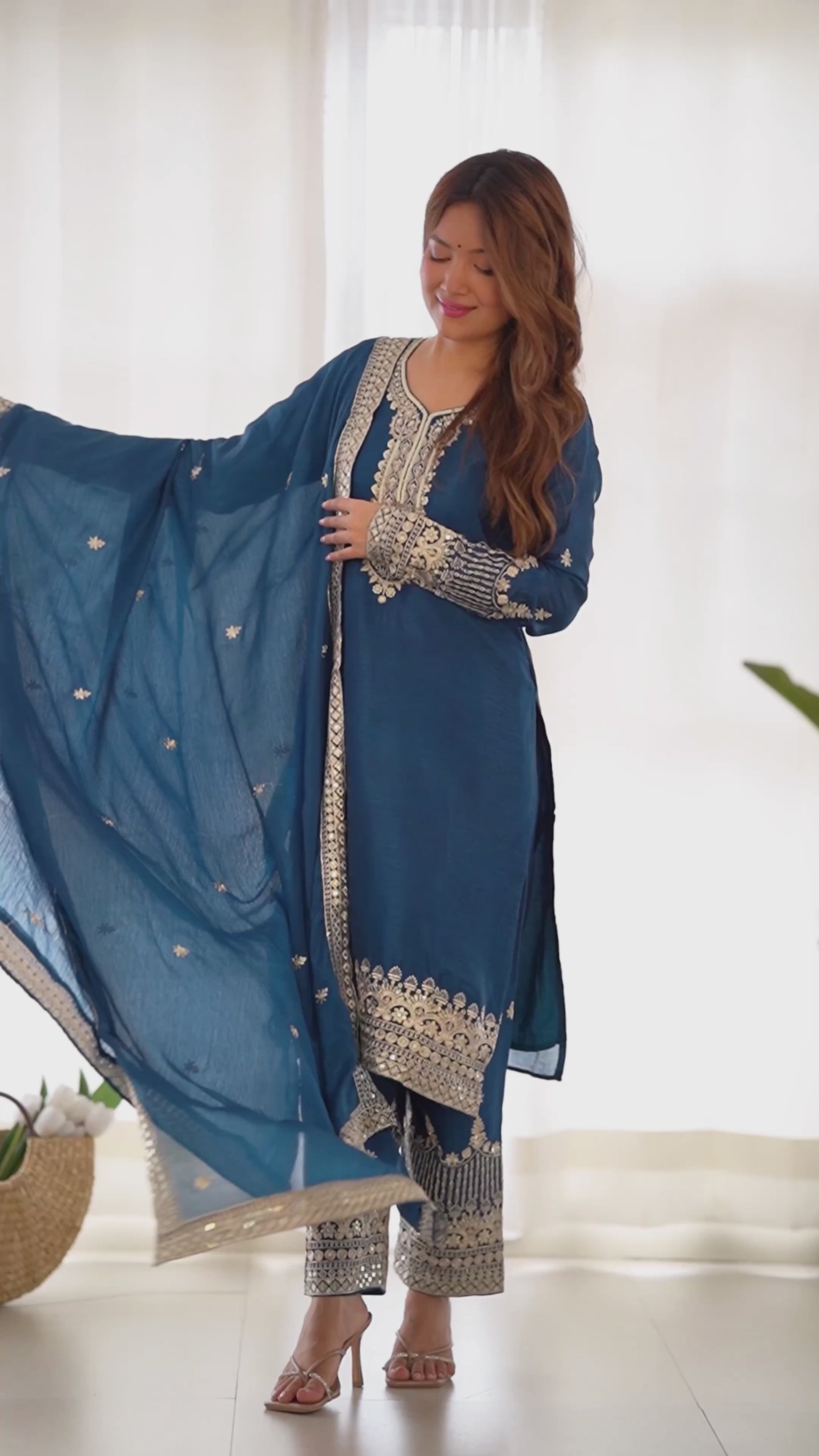 Pure Chinon Silk Straight-Fit Embroidered Sequins & Zari Work Kurta Set with Trousers & Dupatta
