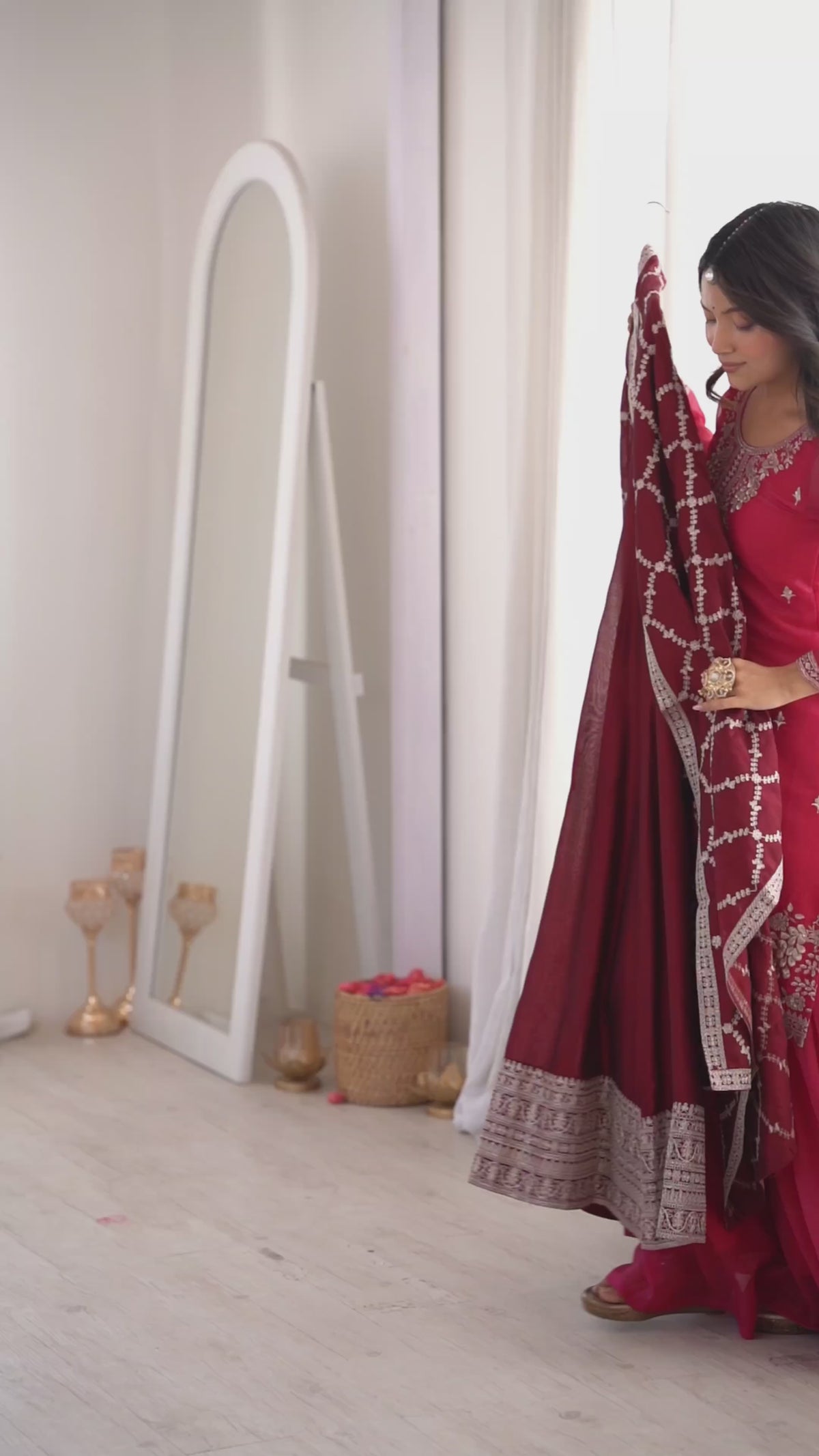 Pure Blooming Vichitra Silk Flared Anarkali Gown Set with Dori Sequins Embroidery & Tasseled Shawl Dupatta